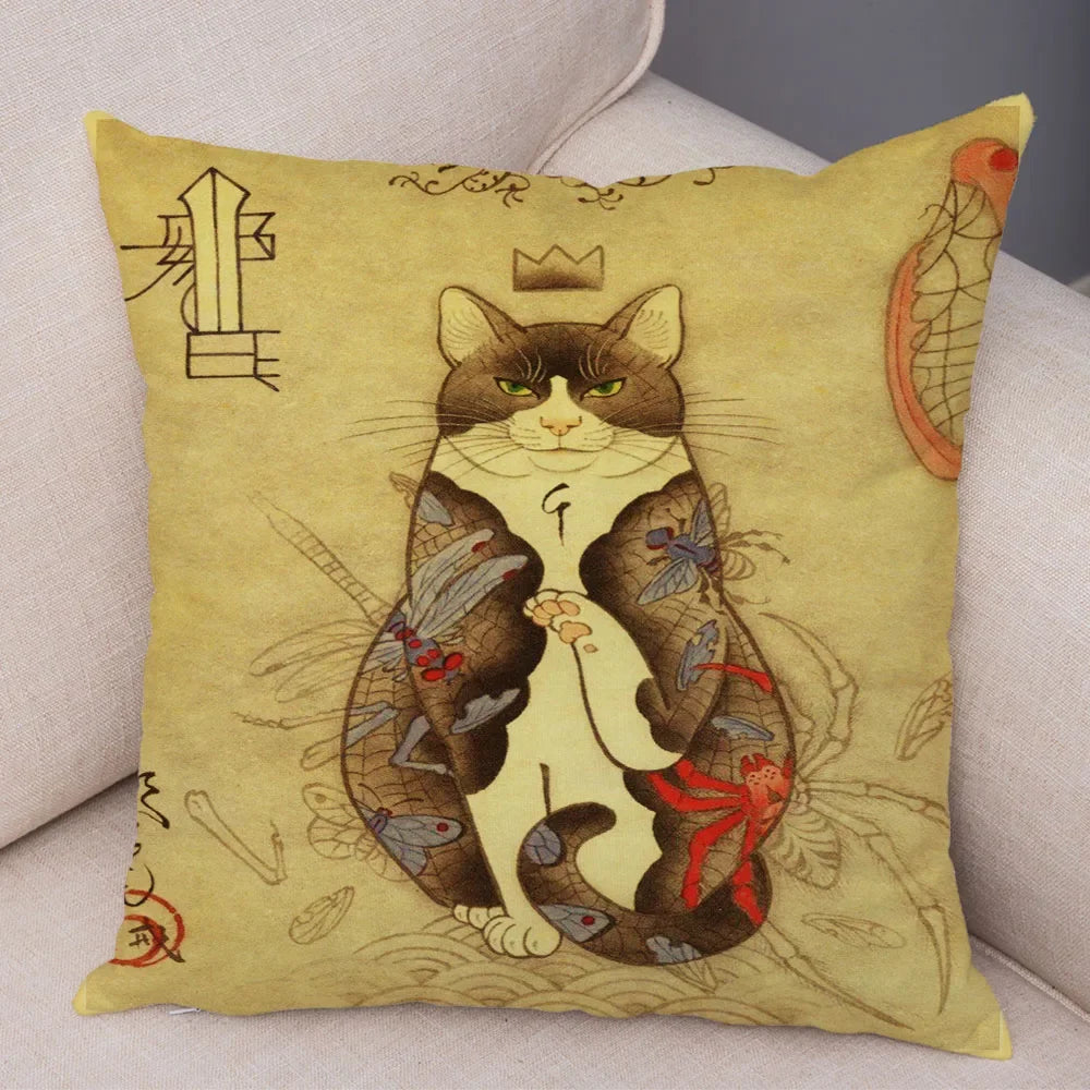Vintage Japanese Samurai Cat Tattoo Cushion Cover Decor Retro Animal Pillowcase Sofa Home Car