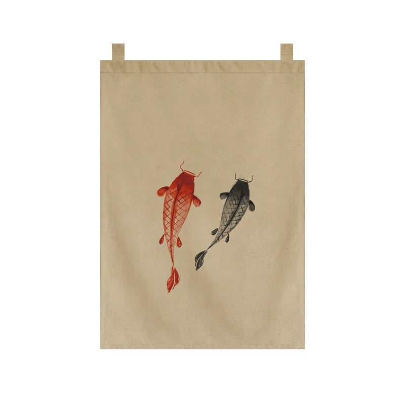Japanese Tea Room Noren Curtain — Koi Fish & Kanji Calligraphy Panel Set