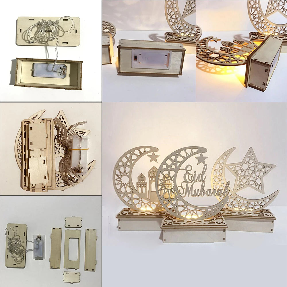 2025 Ramadan Mubarak Eid al Fitr LED Light Decorations Wooden Handicrafts Home Decoration Castle Moon Star Small Ornament