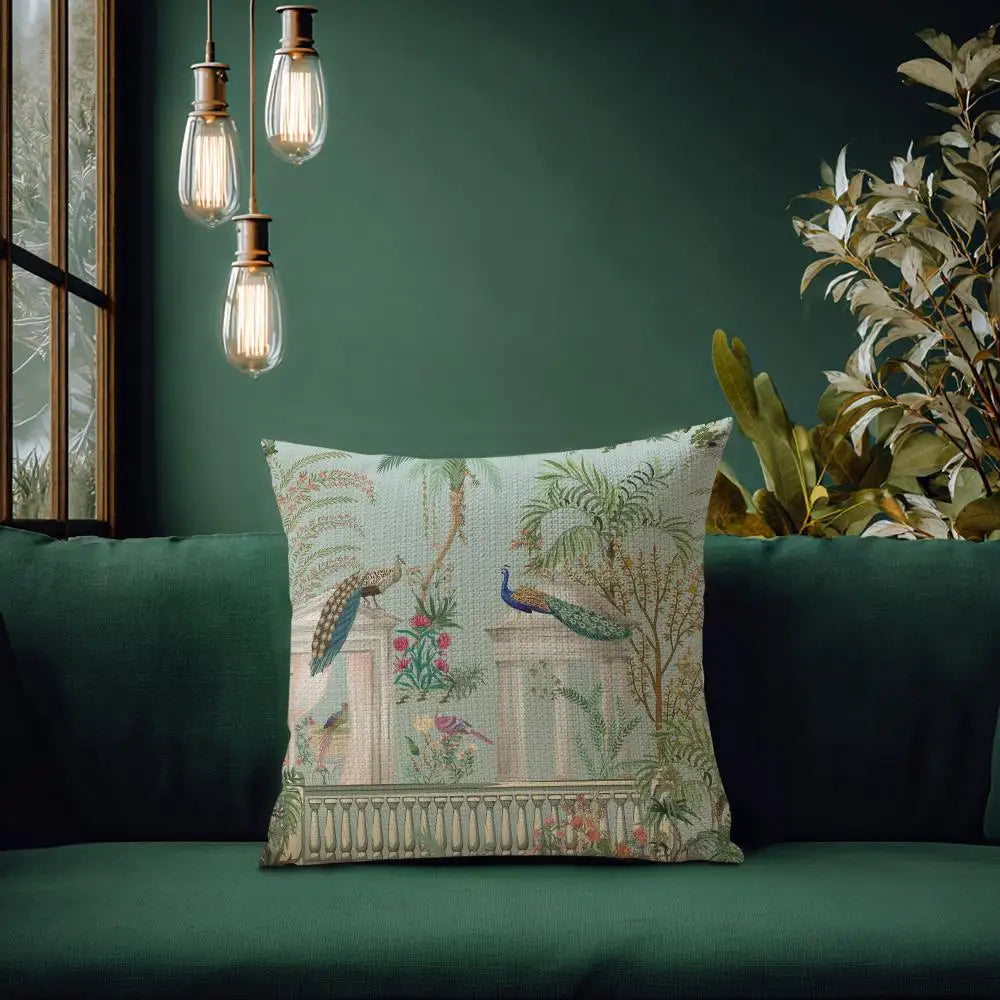 Taj Mahal Peacock Garden Cushion Cover — Mughal-Inspired Decorative Pillowcase