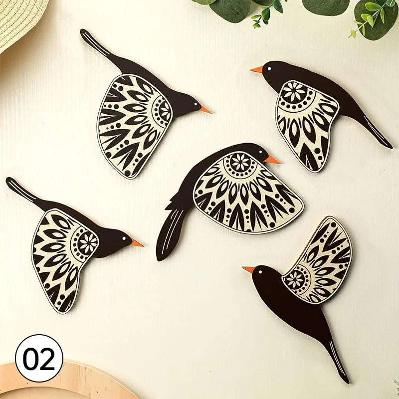 5Pcs Wooden Bird Wall Decor Hollow Out Bird Sculpture Art Vintage Decor Living Room Kitchen Wall Hanging Figurines Ornament