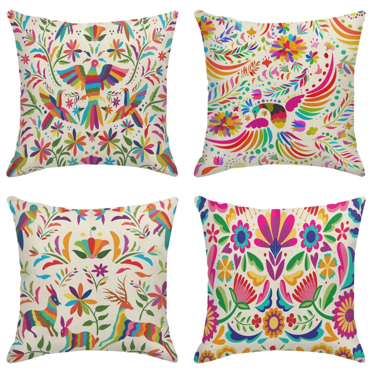 Otomi-Inspired Bird & Floral Pillow Cover — Mexican Folk Art Cushion Cover