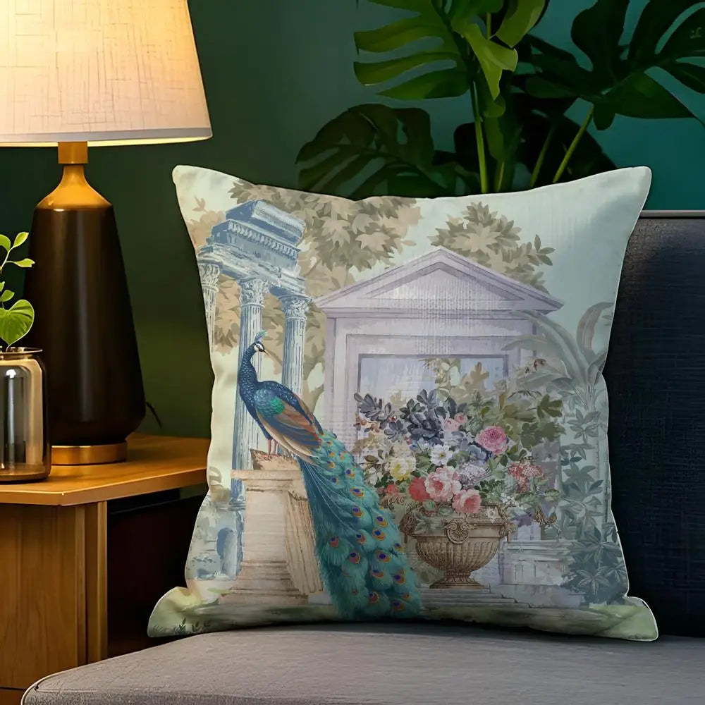 Taj Mahal Peacock Garden Cushion Cover — Mughal-Inspired Decorative Pillowcase