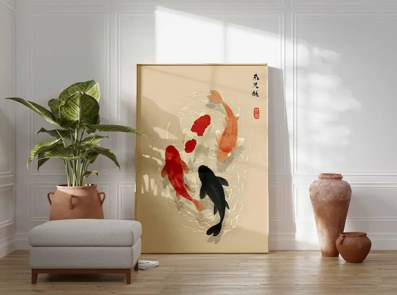 1pc Japanese Koi Fish Poster, Minimalist Asian Wall Art, Unframed Japandi Zen Water Canvas Painting for Living Room Decortion