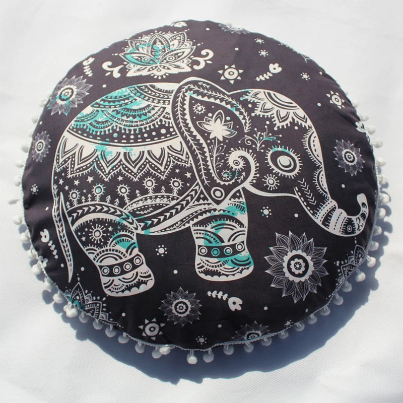 Indian Mandala Round Floor Cushion Cover — Boho Pom-Pom Pouf Cover