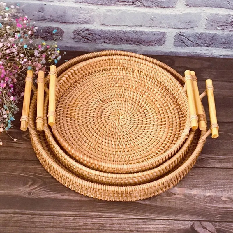 Rattan Woven Round Tray — Handcrafted Fruit & Snack Basket