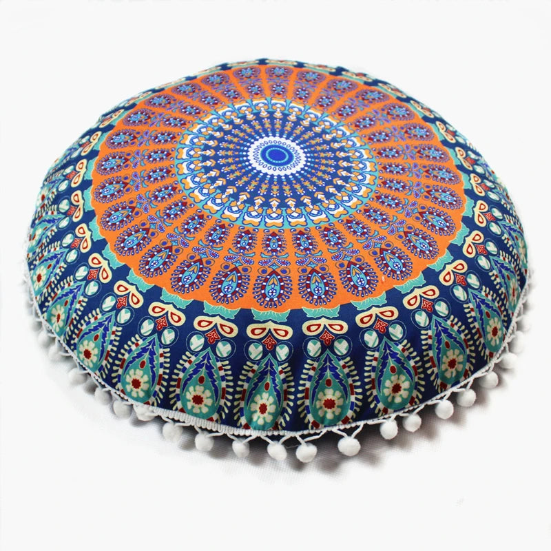 Indian Mandala Round Floor Cushion Cover — Boho Pom-Pom Pouf Cover