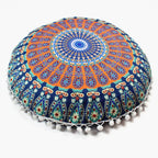 Indian Mandala Round Floor Cushion Cover — Boho Pom-Pom Pouf Cover