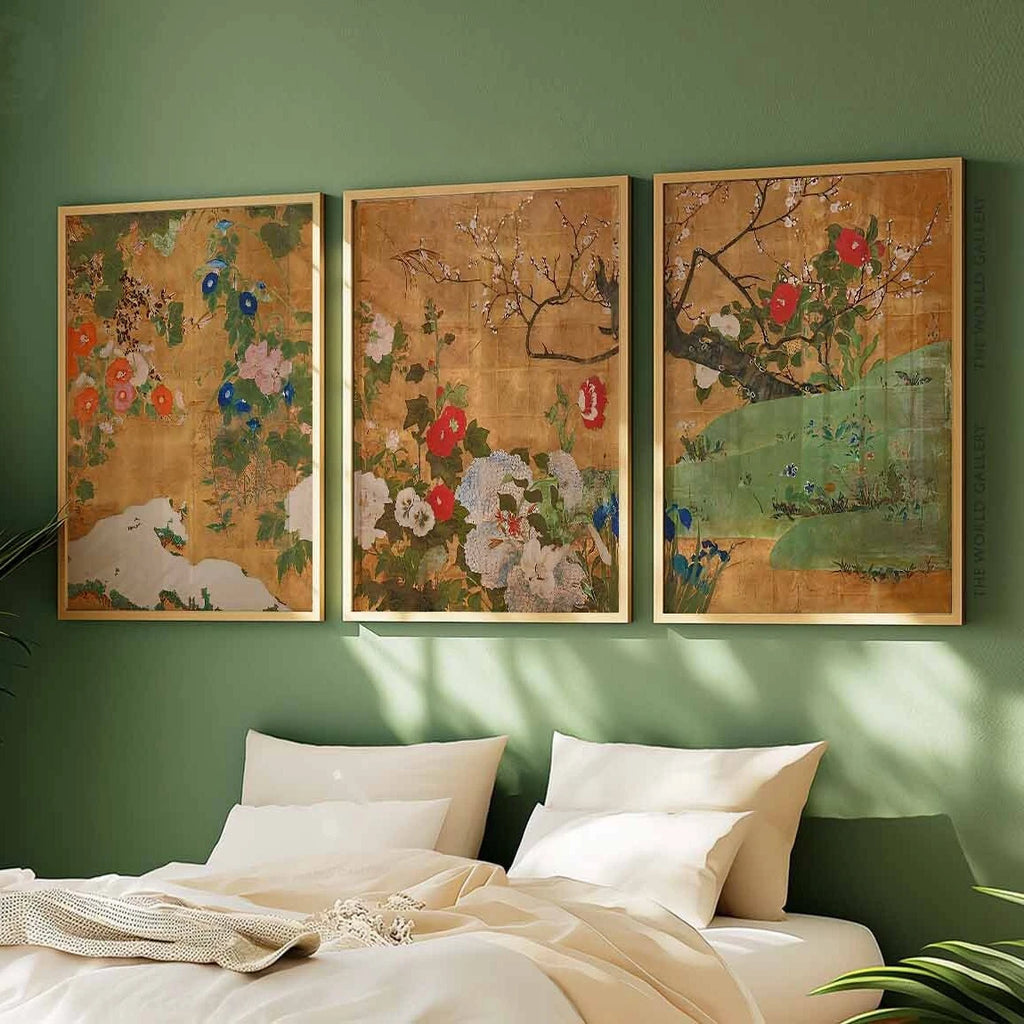 Japanese Gold Screen Floral Canvas Set of 3 – Rinpa-Style Botanical Wall Art, Japanese Home Decor