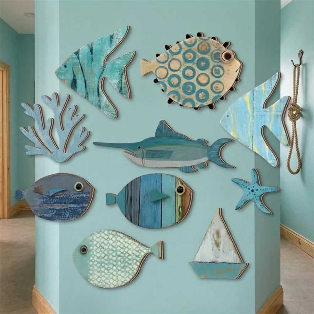 Rustic Ocean Fish Wall Art — 10-Piece Wooden Decorative Plates
