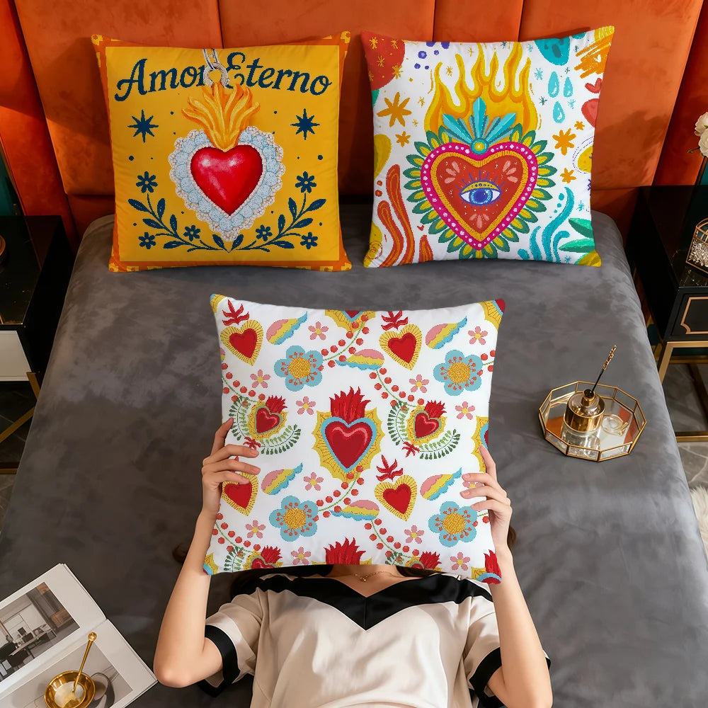 Milagro Sacred Heart Pillow Cover — Mexican Folk Art Cushion Cover