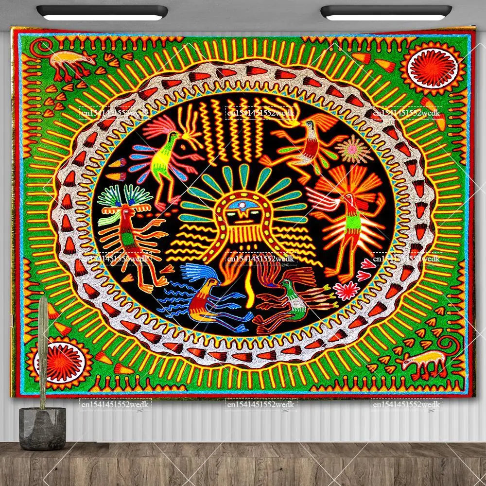 Huichol-Inspired Mexican Yarn Art Tapestry Wall Hanging – Vibrant Mandala Home Decor