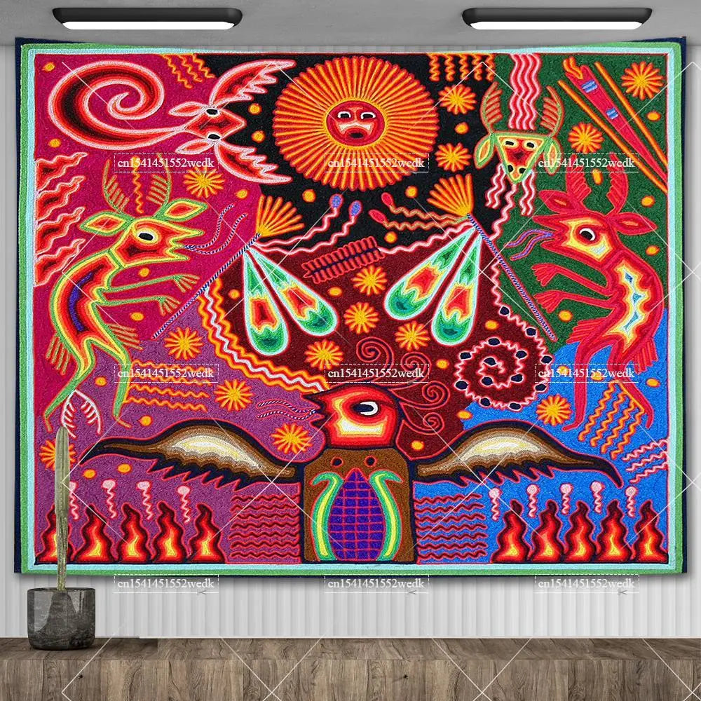 Huichol-Inspired Mexican Yarn Art Tapestry Wall Hanging – Vibrant Mandala Home Decor
