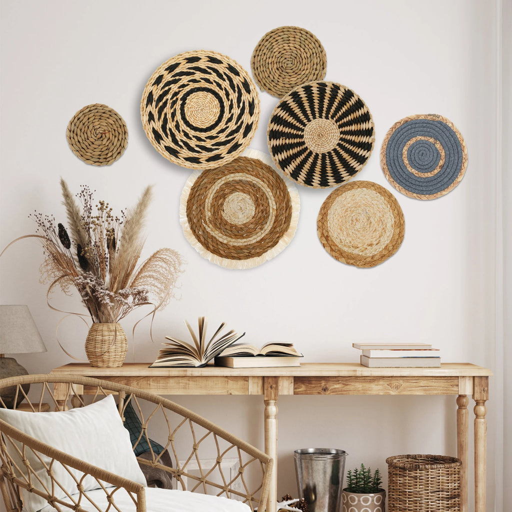 Boho Woven Wall Basket Set — 7-Piece Seagrass & Rattan
