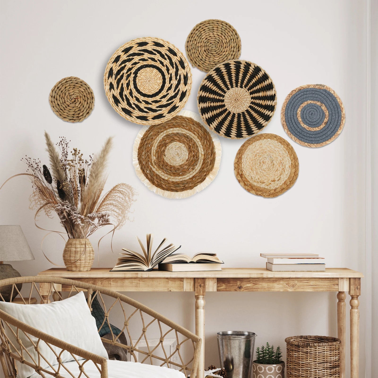 7 Pack Boho Wall Basket Decor, Hanging Woven Wall Basket Decor, Seagrass Rattan Wicker Boho Wall Decor, Round Wall Art