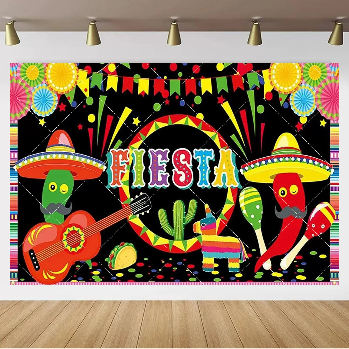 Mexican Fiesta Photo Backdrop — Cinco de Mayo Cactus & Guitar Party Banner