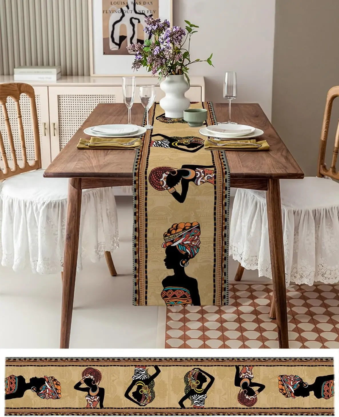 African Woman Linen Table Runner — Boho Farmhouse Style