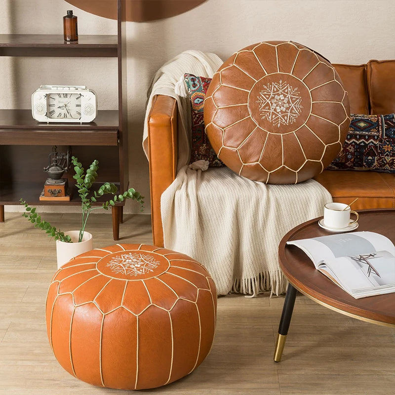 Moroccan Leather Pouf Cover — Hand-Embroidered Round Ottoman, Unstuffed