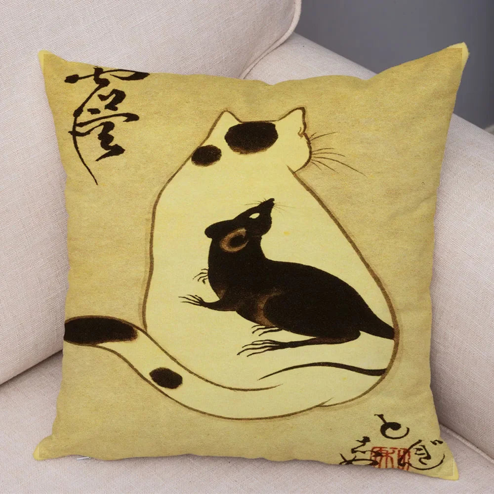 Vintage Japanese Samurai Cat Tattoo Cushion Cover Decor Retro Animal Pillowcase Sofa Home Car
