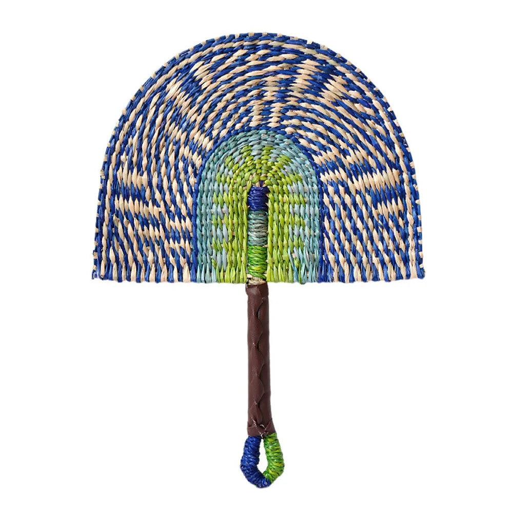Colorful Striped Patterns Seagrass Woven Fan Bohemian Anti-Mosquito Hand Braided Fan Portable Natural Cattail Fan School/Office