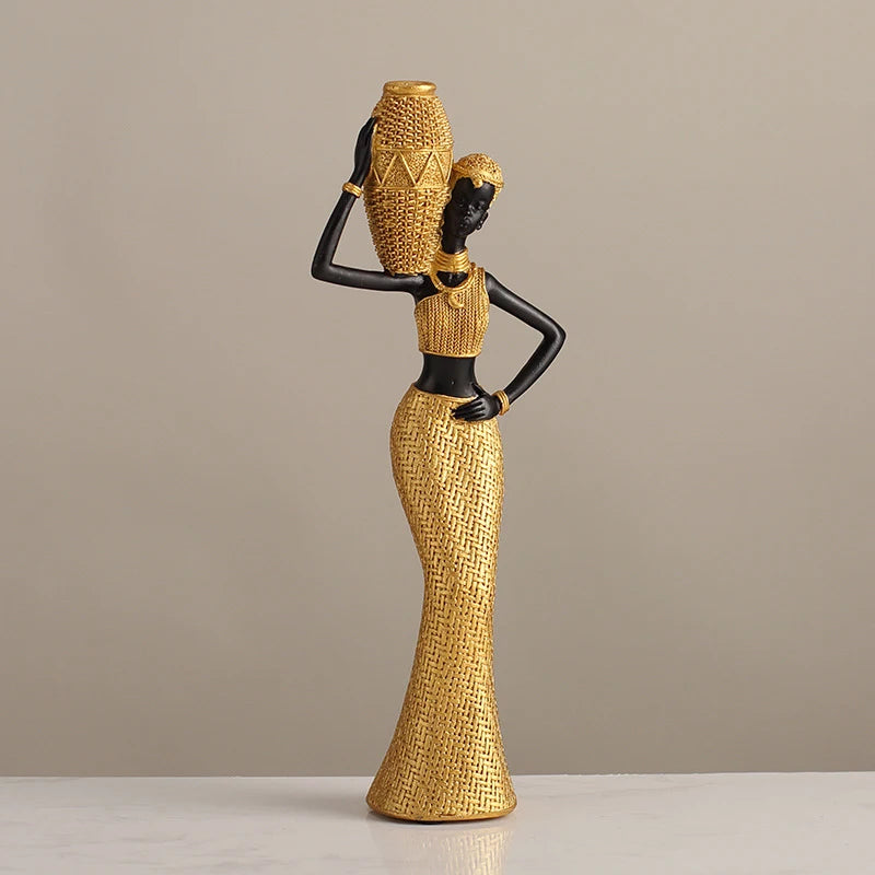African Woman Vessel Sculpture — Black & Gold Resin Décor