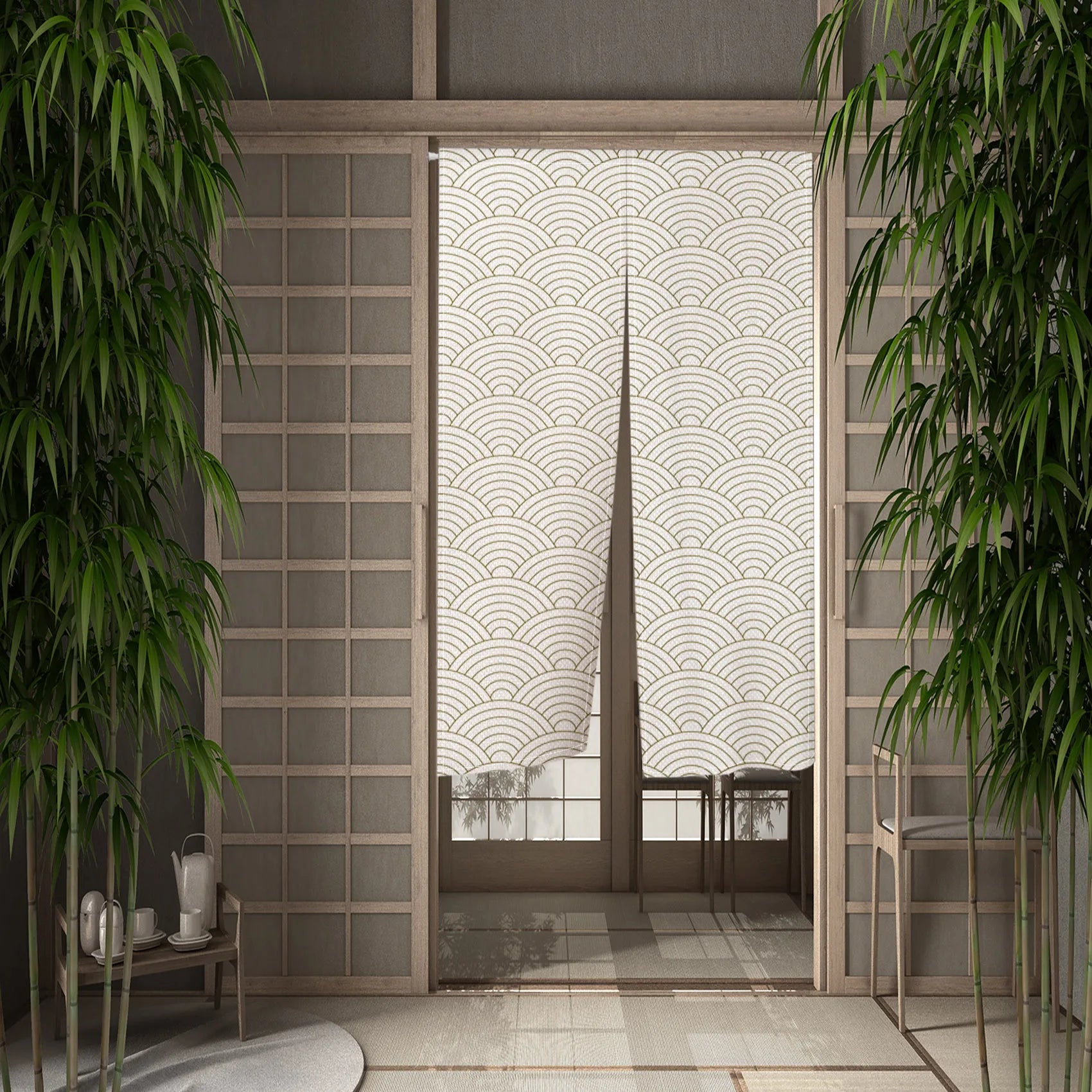 Traditional Japanese Wave Pattern Door Curtain Linen Durable Stylish Bedroom Kitchen Entrance Decor Partition Half Curtain