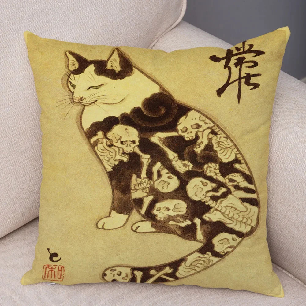 Vintage Japanese Samurai Cat Tattoo Cushion Cover Decor Retro Animal Pillowcase Sofa Home Car