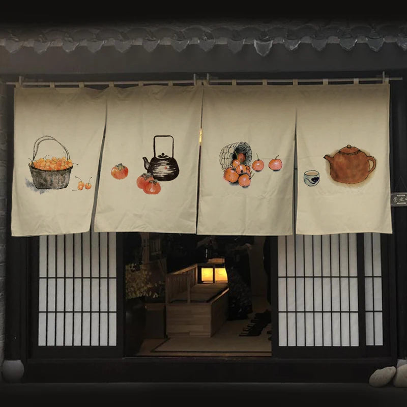 Japanese Tea Room Noren Curtain — Koi Fish & Kanji Calligraphy Panel Set