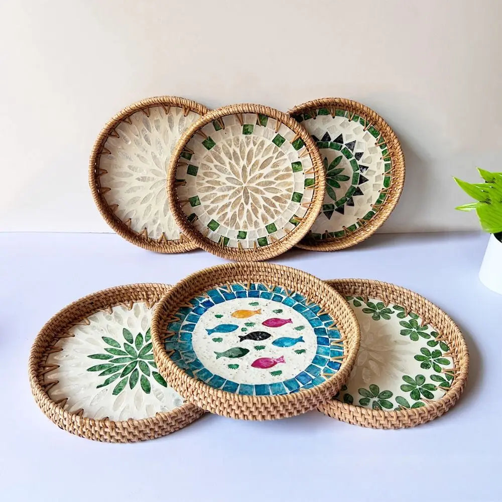 Capiz Shell Mosaic Woven Rattan Tray — Filipino-Inspired Wall & Serving Décor
