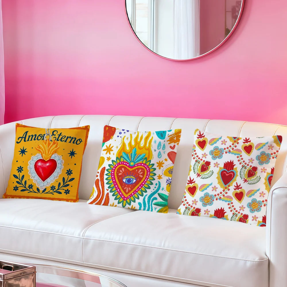 Milagro Sacred Heart Pillow Cover — Mexican Folk Art Cushion Cover