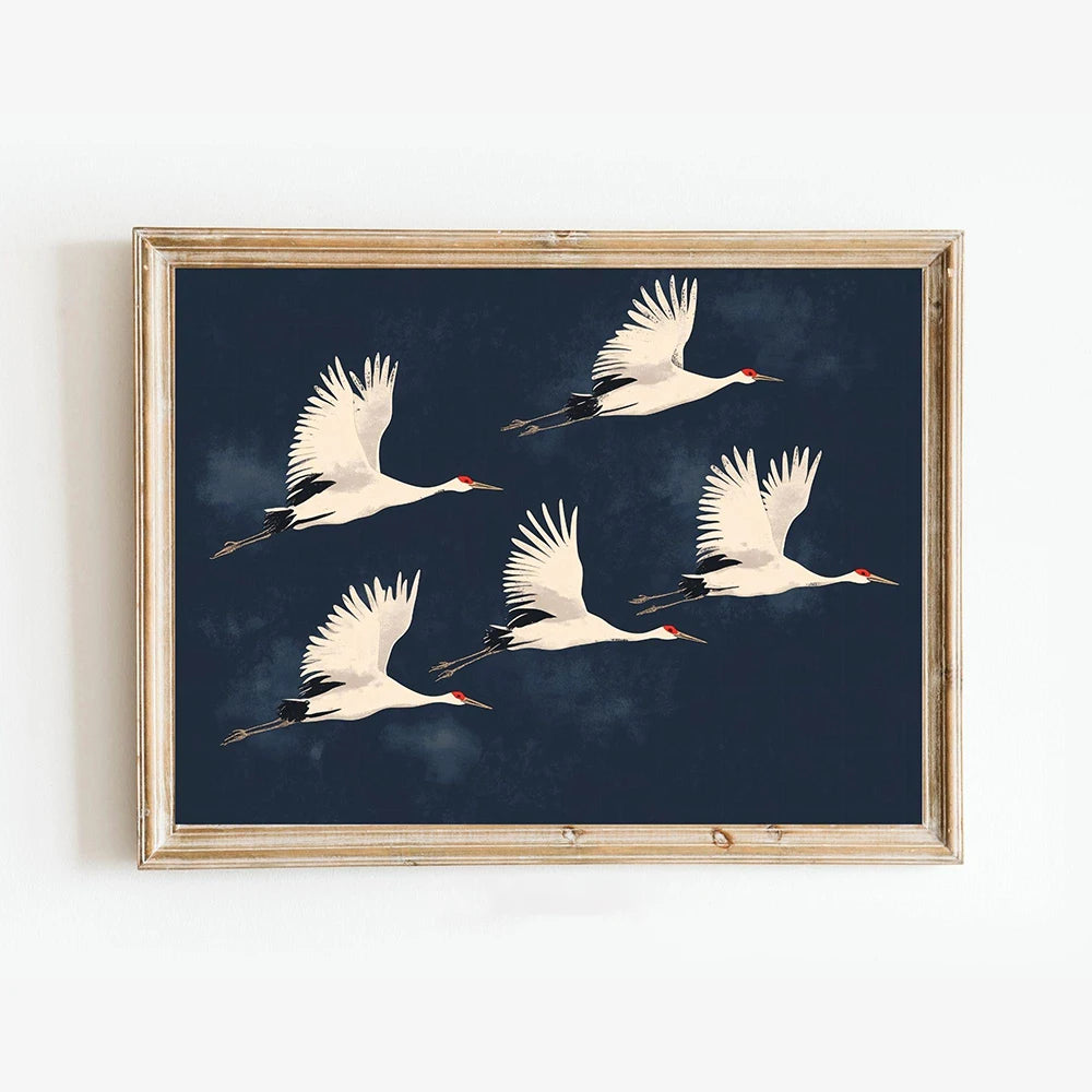 Japandi Flying Birds Wall Art — Sage Green & Gold Print