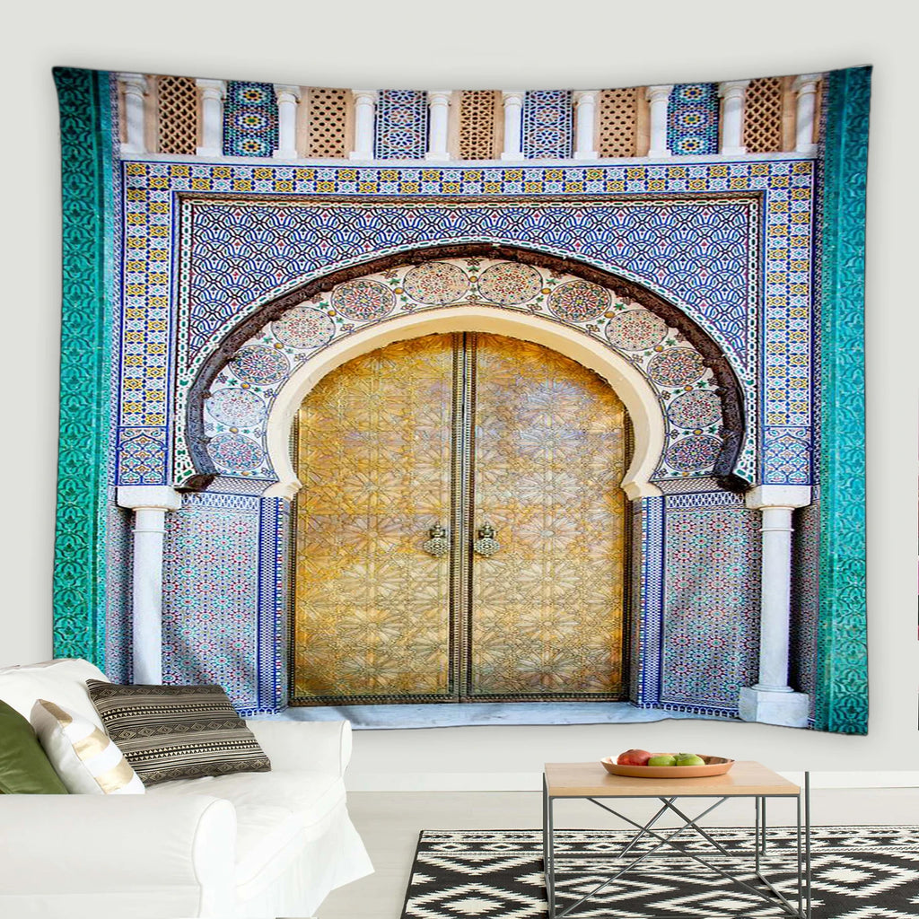 Blue Moroccan Arch Tapestry — Islamic Geometric Wall Hanging