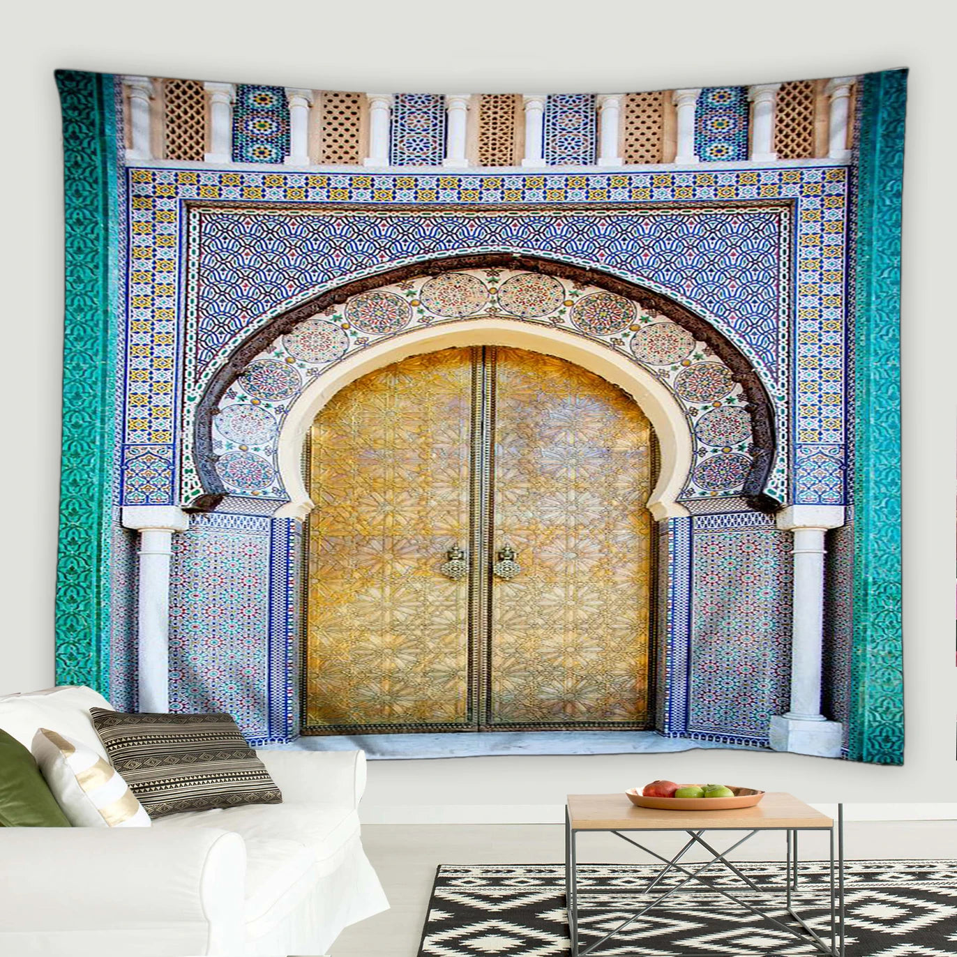 Islamic Retro Blue Moroccan Architectural Tapestry hanging geometric pattern Door Bohemian Living Room Home decor tapestry