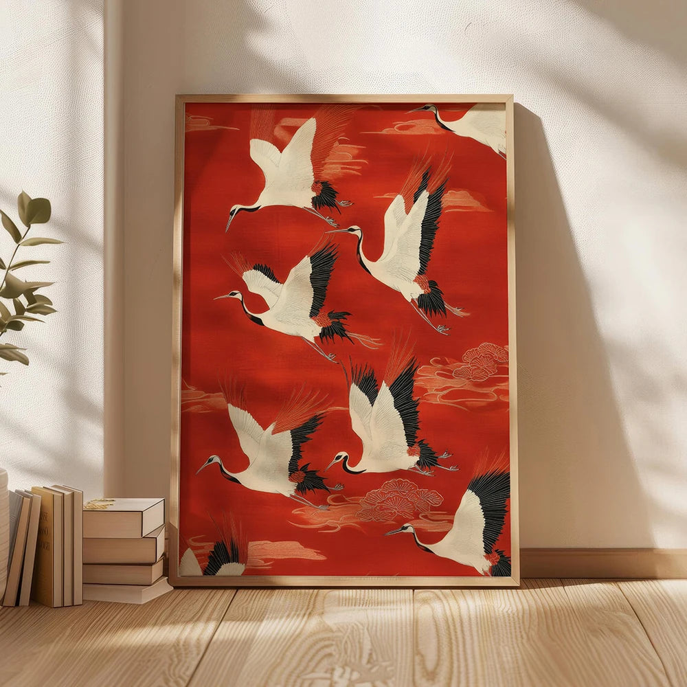 Japandi Flying Birds Wall Art — Sage Green & Gold Print