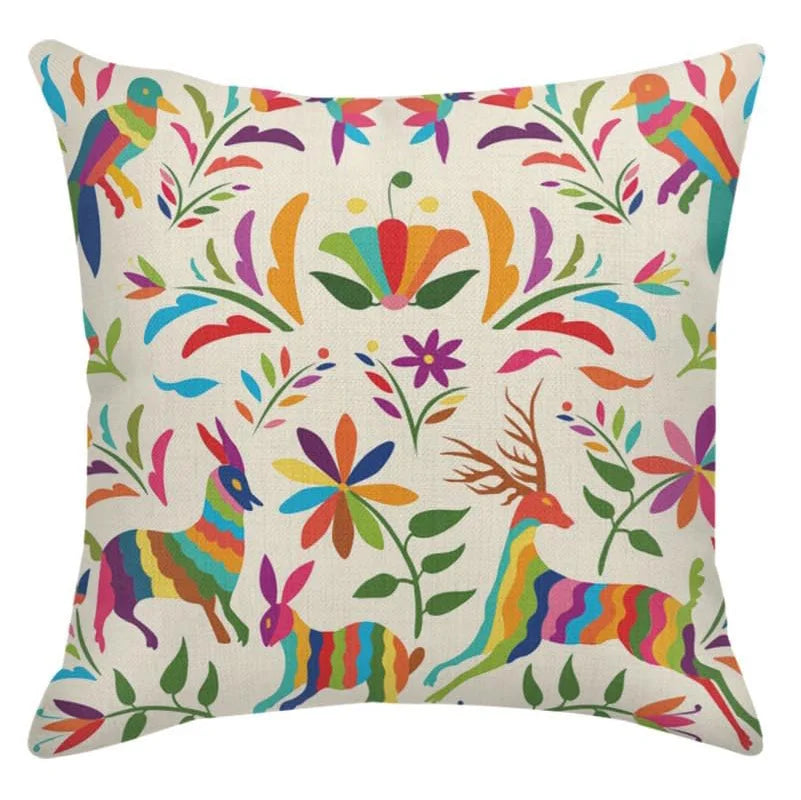 Otomi-Inspired Bird & Floral Pillow Cover — Mexican Folk Art Cushion Cover