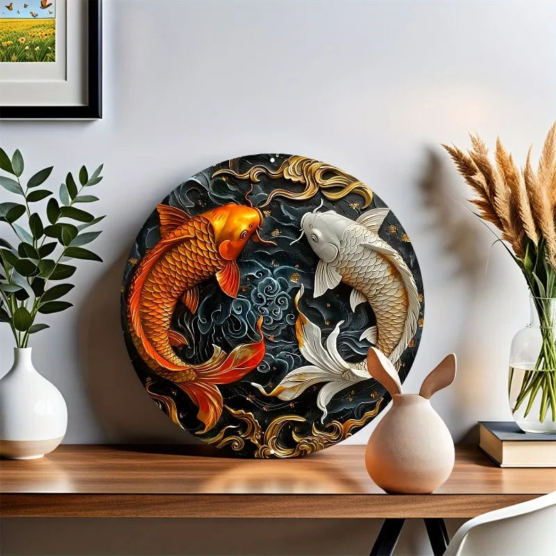 Vintage Koi Fish Round Metal Wall Art — Japanese Pond Décor Sign
