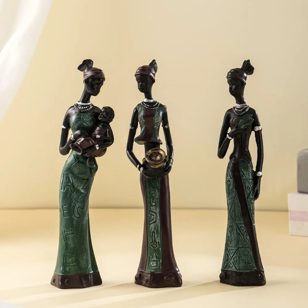 African Women Sculpture Set — 3-Piece Resin Figurines