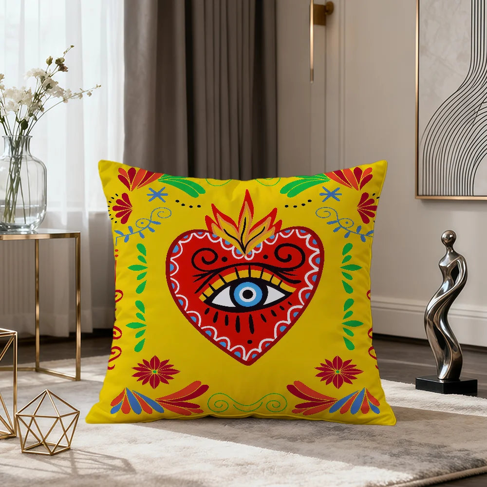 Milagro Sacred Heart Pillow Cover — Mexican Folk Art Cushion Cover