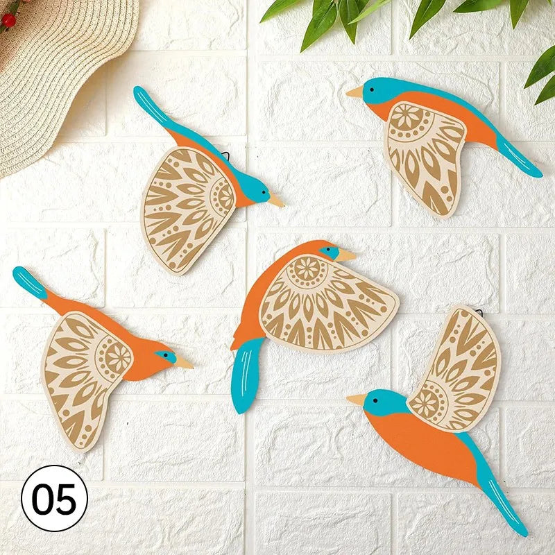 5Pcs Wooden Bird Wall Decor Hollow Out Bird Sculpture Art Vintage Decor Living Room Kitchen Wall Hanging Figurines Ornament