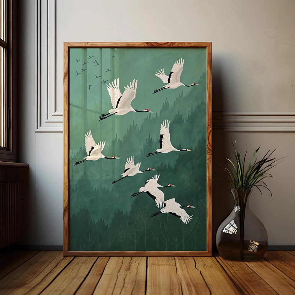 Japandi Flying Birds Wall Art — Sage Green & Gold Print