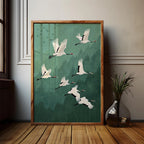 Japandi Flying Birds Wall Art — Sage Green & Gold Print