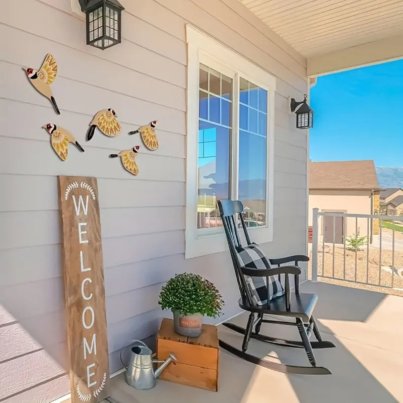 Wooden Bird Wall Sculpture Set — 5-Piece Vintage Hanging Art