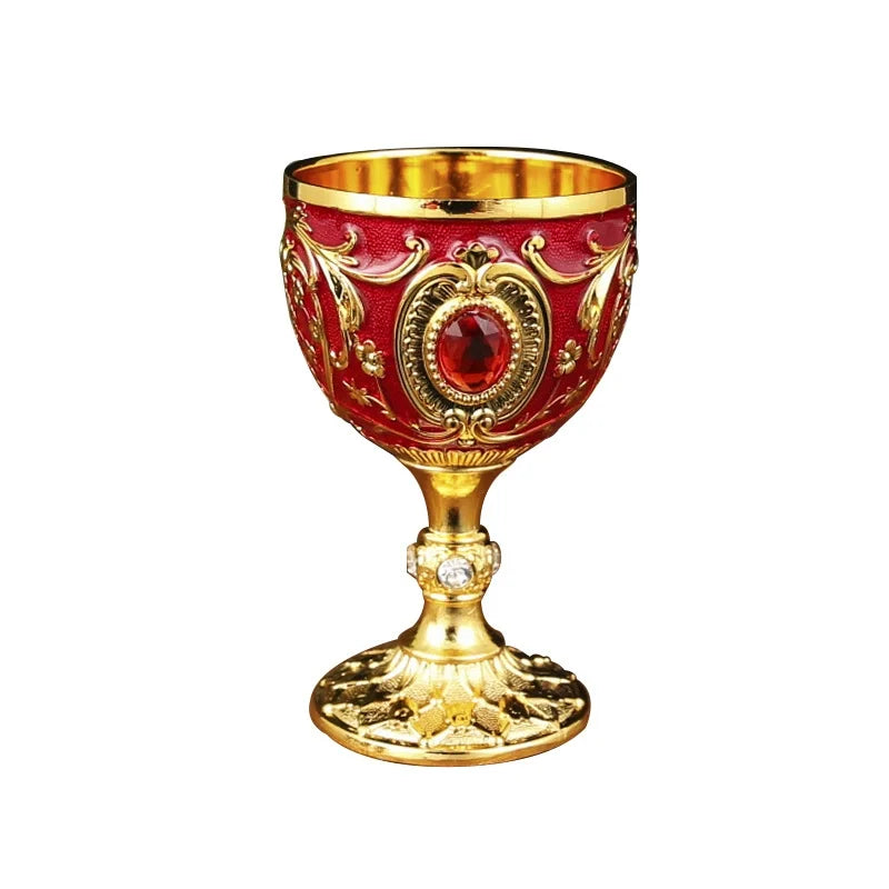 Vintage Embossed Metal Wine Goblet — Gemstone Accent Decorative Cup