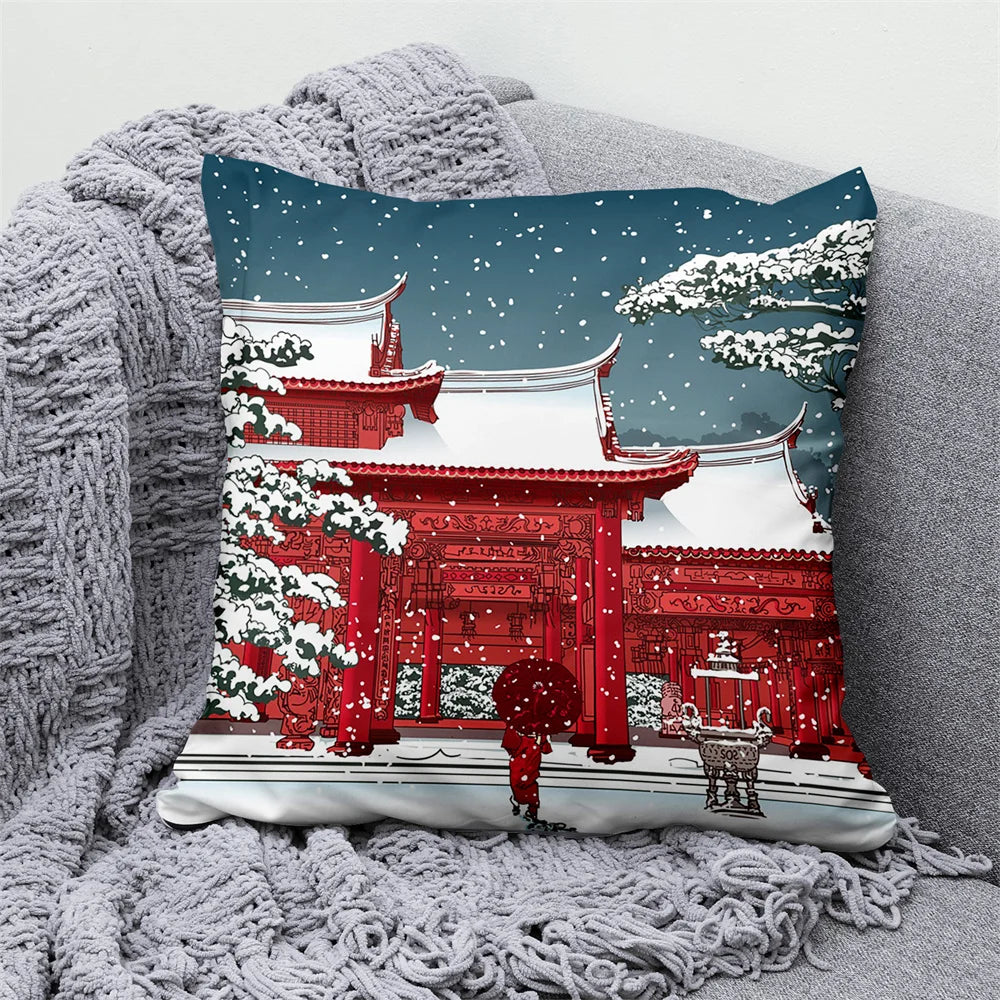 Lucky Cat & Mount Fuji Cushion Cover — Japanese Art Pillow