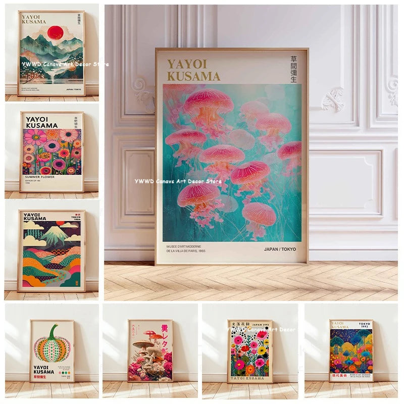 Yayoi Kusama Pink Jellyfish — Mount Fuji Abstract Canvas Print
