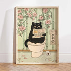 Japanese Ukiyo-e Style Funny Black Cat Bathroom Poster Print Canvas Painting Wall Art Picture for Kitchen Bathroom Home Decor