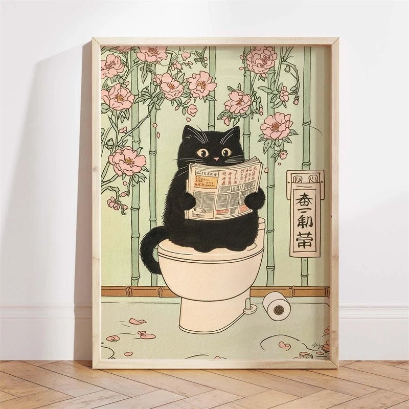 Japanese Ukiyo-e Style Funny Black Cat Bathroom Poster Print Canvas Painting Wall Art Picture for Kitchen Bathroom Home Decor