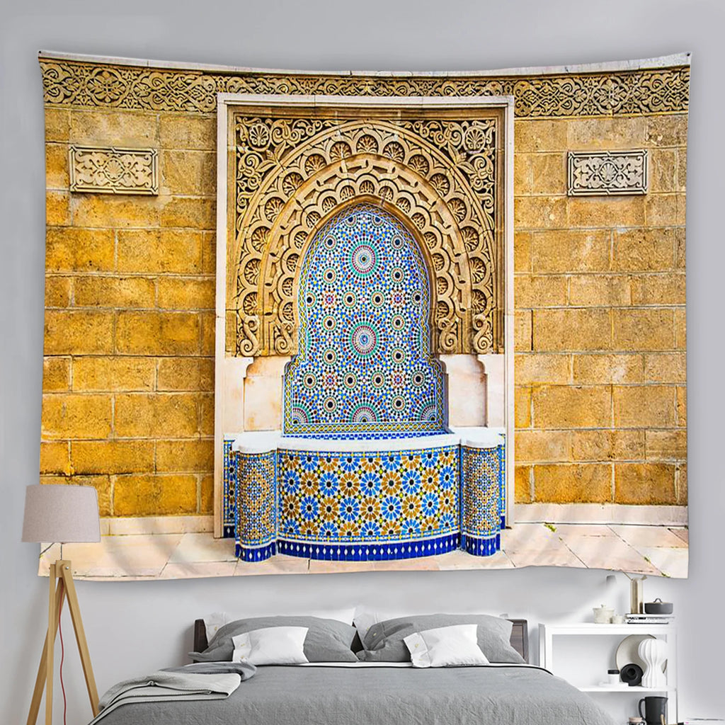 Blue Moroccan Arch Tapestry — Islamic Geometric Wall Hanging