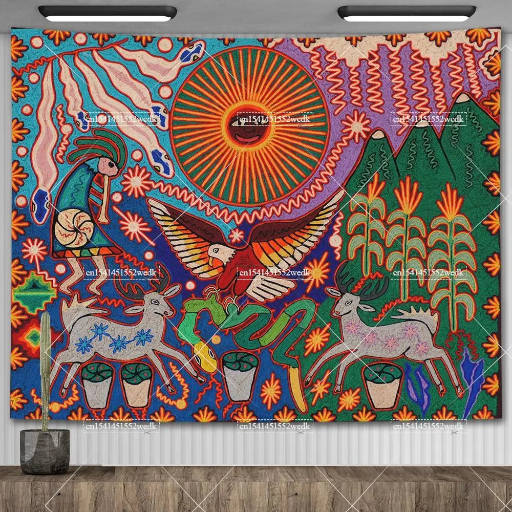 Huichol-Inspired Mexican Yarn Art Tapestry Wall Hanging – Vibrant Mandala Home Decor