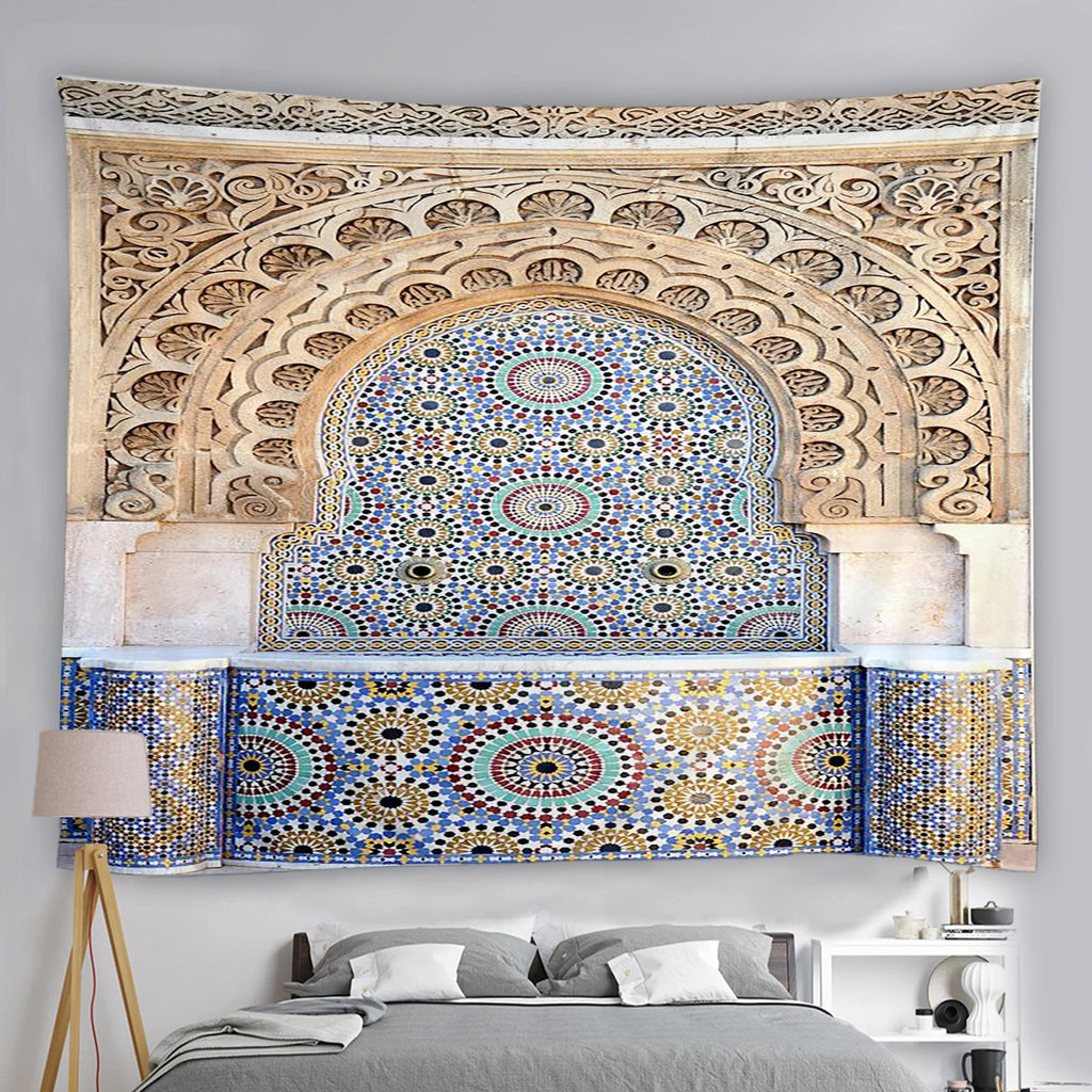 Blue Moroccan Arch Tapestry — Islamic Geometric Wall Hanging